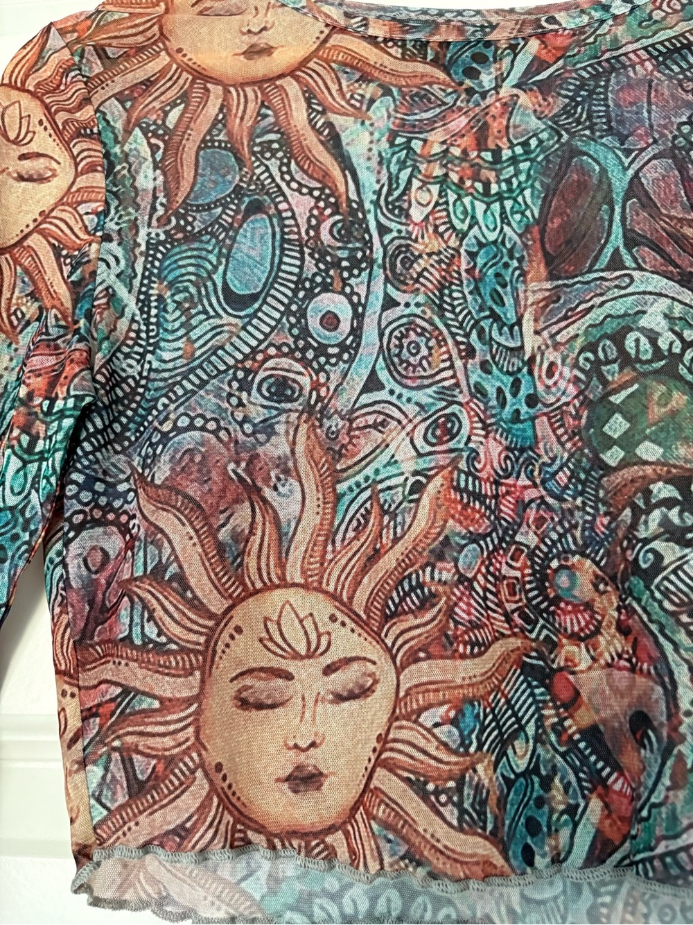 Sheer Celestial Festival Eclectic Sunburst Print Crop Top Multicolor Size Small - Picture 3 of 5